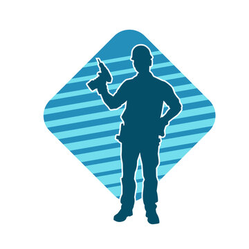 recommend clip art: Silhouette of man in construction worker costume carrying drill power tool. Silhouette of construction worker male in action pose with power tool driller. 
                    