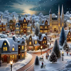 Fototapeten Winter cityscape with Christmas trees and houses under the snow at night © Iman