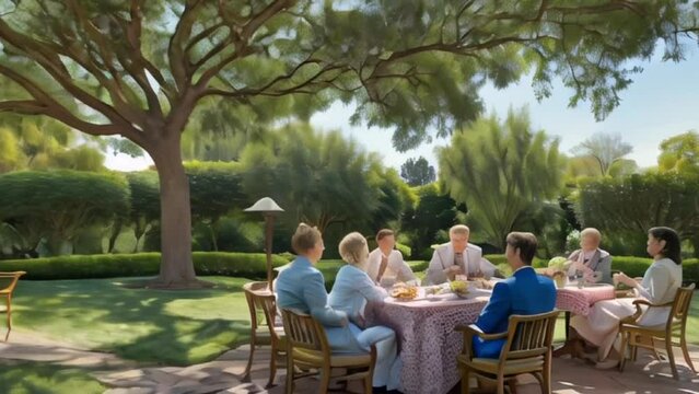 3D Illustration video footage of A Jewish family holds a Passover celebration in a beautiful garden. Under the shade of a leafy tree, they sat on mats and enjoyed a traditional Passover meal. 