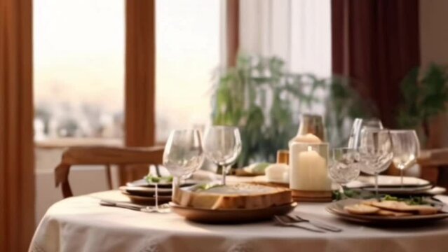 Food on the table setting for a dinner with copy space area, on The Passover