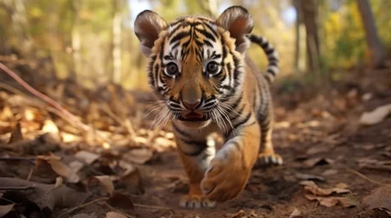 Foto op Plexiglas A closeup of a tiger cub playfully chasing its tail, taken by a camera , with an AI algorithm able to identify and classify the animals behavior and age based on its movements. © Justlight