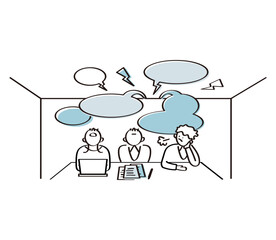 会議中にまわりの雑音がうるさくて会議に集中できない会社員のイメージイラスト素材