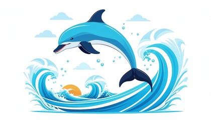 Jumping Dolphin in Blue Ocean Waves Illustration
