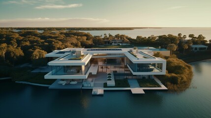 Fototapeta na wymiar Modern house elegantly situated on the water.
