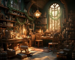 Fototapeta na wymiar A 3D render of a fairy tale themed room with a fireplace and a wooden table