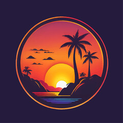 Logo design sunset behind palm tree 3 color
