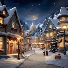 Fototapeten Christmas village in the mountains in the evening with a starry sky © Iman