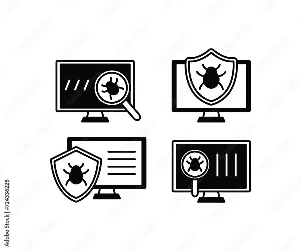 Poster antivirus computer virus and shield icon simple black white outline minimal modern design vector