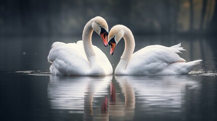 Swans in love on a quiet lake. - obrazy, fototapety, plakaty