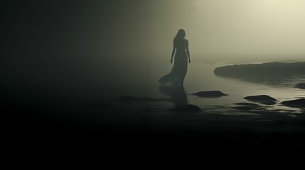 The silhouette of person is shrouded in thick fog.
