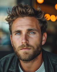Fototapeta premium Photo of a 25-year-old male with short tousled brown hair