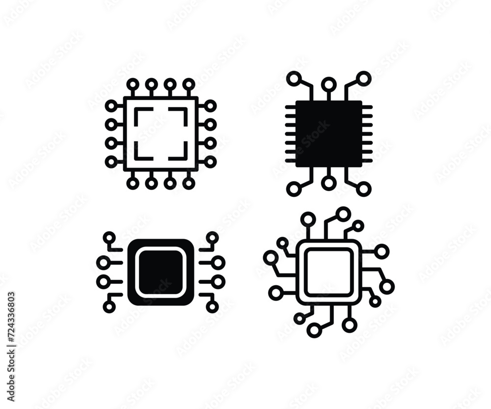 Poster set of circuit chip board components electronic technology icons simple black white vector design co