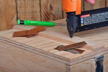 Pneumatic gun nailer for woodworking. Air nailer for finishing pin. Assembly tool for carpenter....