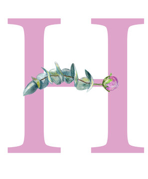 Capital letter H design with watercolor elements. Dusty roses, soft light blush peony, Pink flowers and eucalyptus leaves. Monogram. Ideal for wedding design, branding, invitations, social networks.