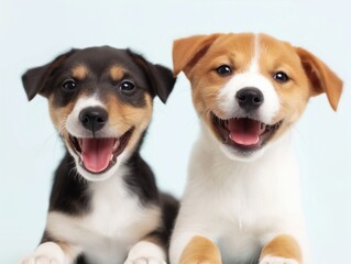 Happy little dogs smiling on isolated white background