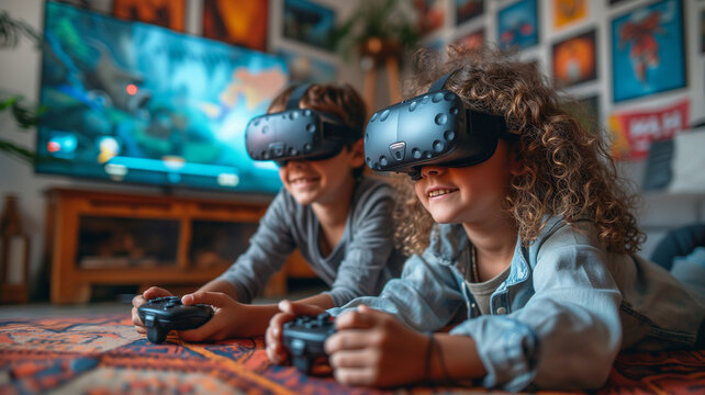 children, completely engrossed in virtual reality headsets, play a VR game, showcasing a blend of fun and technology in their living room.

