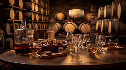 Fototapeta na wymiar Wooden table with barrels of whiskey and wine.