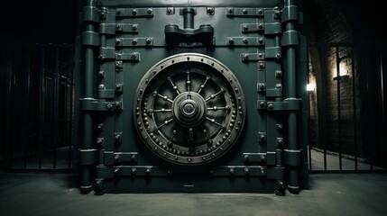 Vintage bank vault door with a closed old security safe.