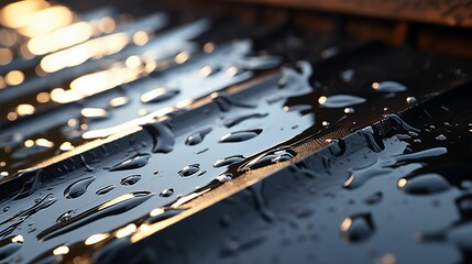 Water droplets on a sleek metal roof. - obrazy, fototapety, plakaty