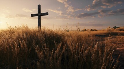 Weathered cross standing tall amidst a field of tall grass. - obrazy, fototapety, plakaty