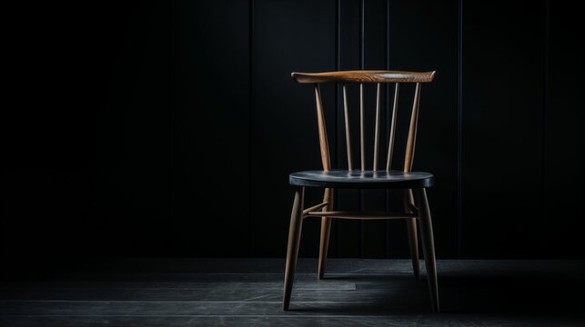 Wooden chair placed against a black background.