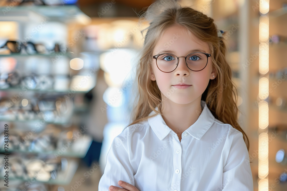 Sticker Little girl in optical store trying on new glasses