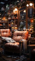 Fototapeta na wymiar Interior of a cozy restaurant with armchairs, coffee table and Christmas decorations