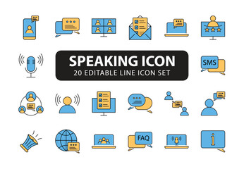 Speaking icon set color fill. Communication icons collection. Containing discussion, speech bubble, talking and consultation. Speak icons Pixel perfect. Mobile, message, support, ....