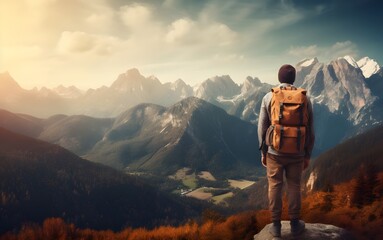 traveller man trekking bag back on mountain