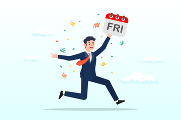 Businessman jumping while holding Friday sign, Happy Friday, relax or enjoy last working day and embrace weekend, tried routine day job employee, joyful lifestyle after stressful week long (Vector)