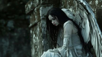 A hauntingly beautiful angel with pale skin and flowing black hair perched upon a crumbling stone...