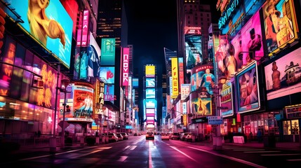 Times Square in New York City at night. Panoramic image.