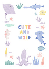  Cute cartoon undersea world. Deep Ocean or sea with fish, octopus, stingray, seashells, shark, stars, sea horse, aquatic plants. Vector border in flat style © NadezdaBarkova