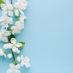 Fototapeta premium Greeting card template with white flowers on light blue background, ideal for wedding or mothers day celebrations