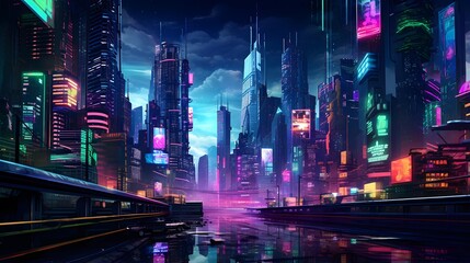 Panoramic view of modern city at night with neon lights. Panoramic view of the night city.
