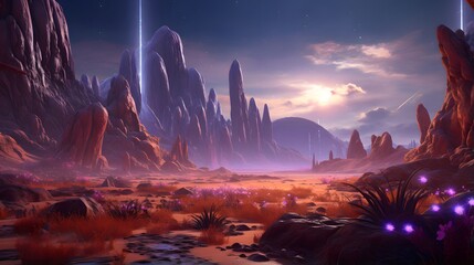 Fantasy alien planet. Mountain and river. 3D illustration.