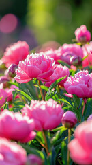 Peonies on soft, dreamy background copy space. Spring summer banner