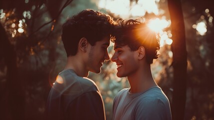 LGBT Queer Gay Men Couple Embracing Each Other Looking At Each Other Lovingly  (Generative AI).