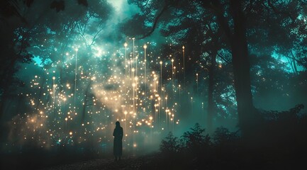 Fototapeta na wymiar Person Lost In The Woods In Illuminated Glowing Lights. (Generative AI).