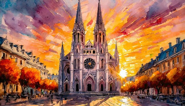 Painting of a huge Cathedral with a fiery sunrise in the background