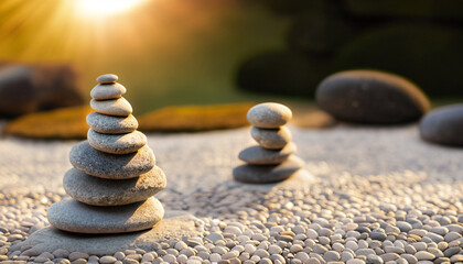 Japanese zen garden - two stacks of pebbles in the evening sun