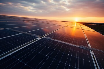 Solar panels during sunset representing sustainable energy - obrazy, fototapety, plakaty