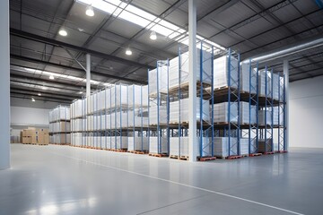 A warehouse warehouse with goods in cartons, equipped to store and sort goods.