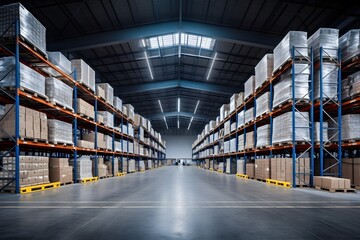 Retail warehouse full of shelves with goods in cartons.