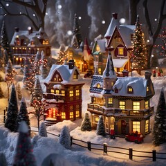 Christmas village with houses and trees in the snow. Christmas and New Year concept.