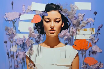 A beautiful girl and carved flowers on a bright lavender background.