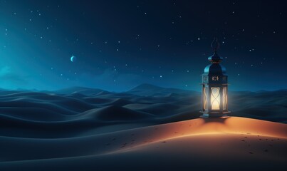 Islamic Lantern Amidst the Serene Desert Under a Starry Sky