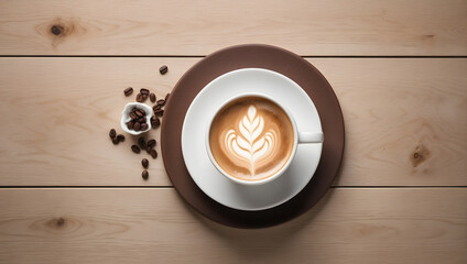 a beautiful cup of coffee and beans on wooden background