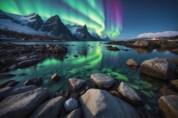 Beautiful view of landscape of aurora over rocky seashore in Norway