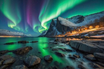 Naklejka premium Beautiful view of landscape of aurora over rocky seashore in Norway